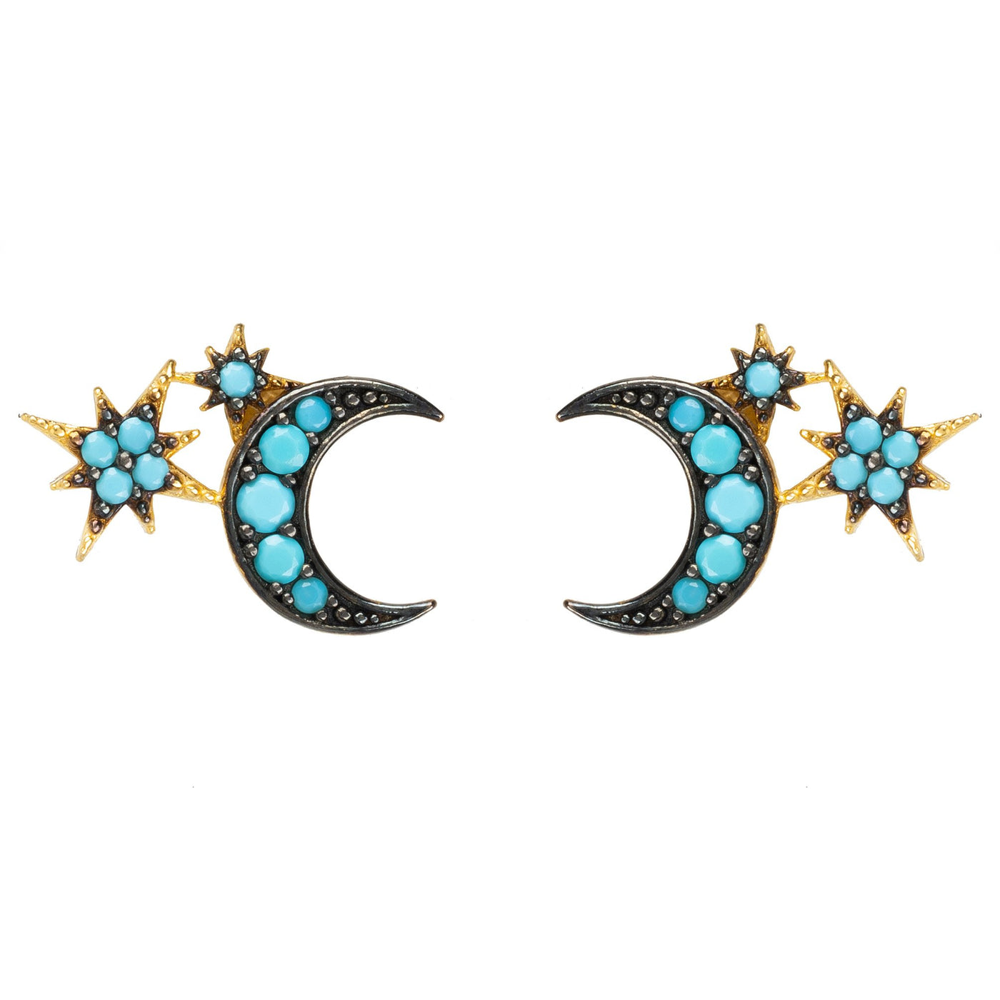 Ohrstecker - Mond und Sterne - 22 Karat vergoldet - Turquoise