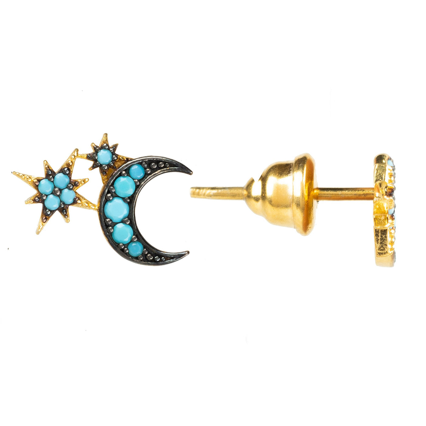 Pendientes - Luna y estrellas - Chapado en oro de 22 quilates - Turquesa