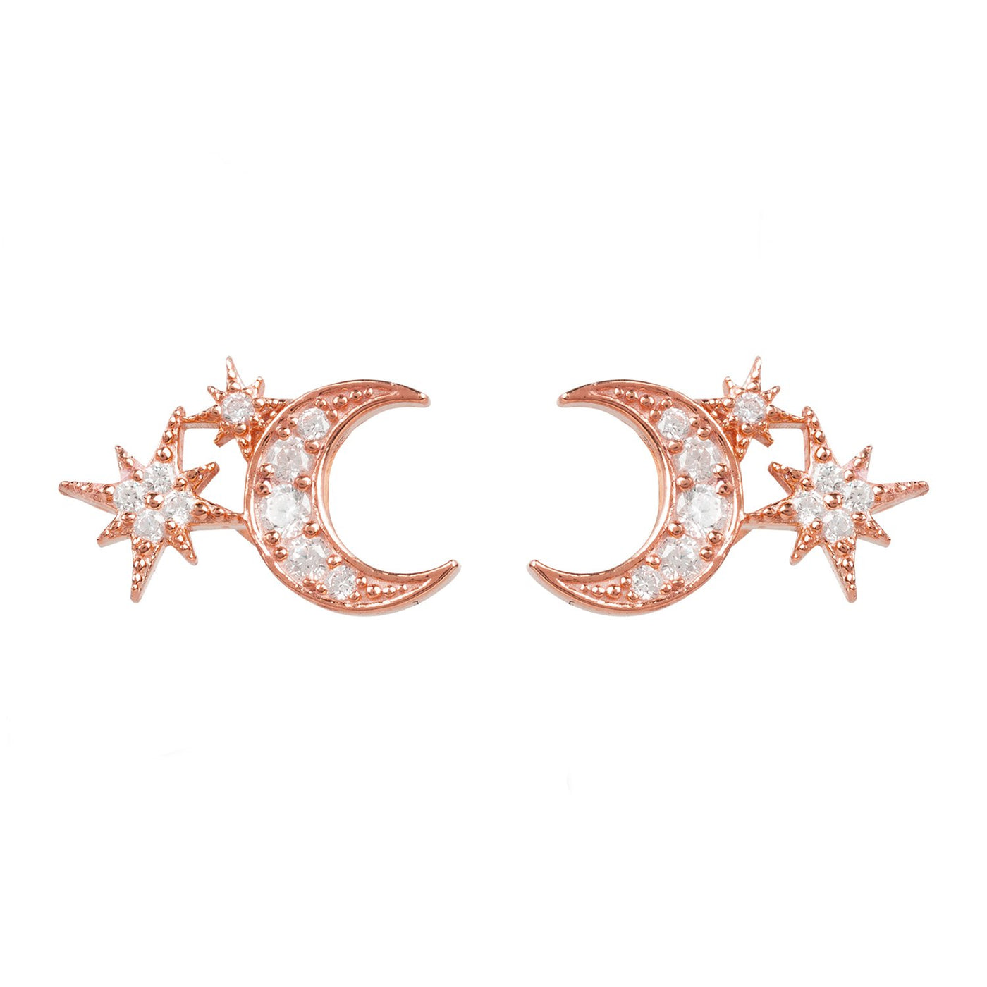 Stud earrings - moon and stars - 22 carat gold plated (rose gold) - zircons