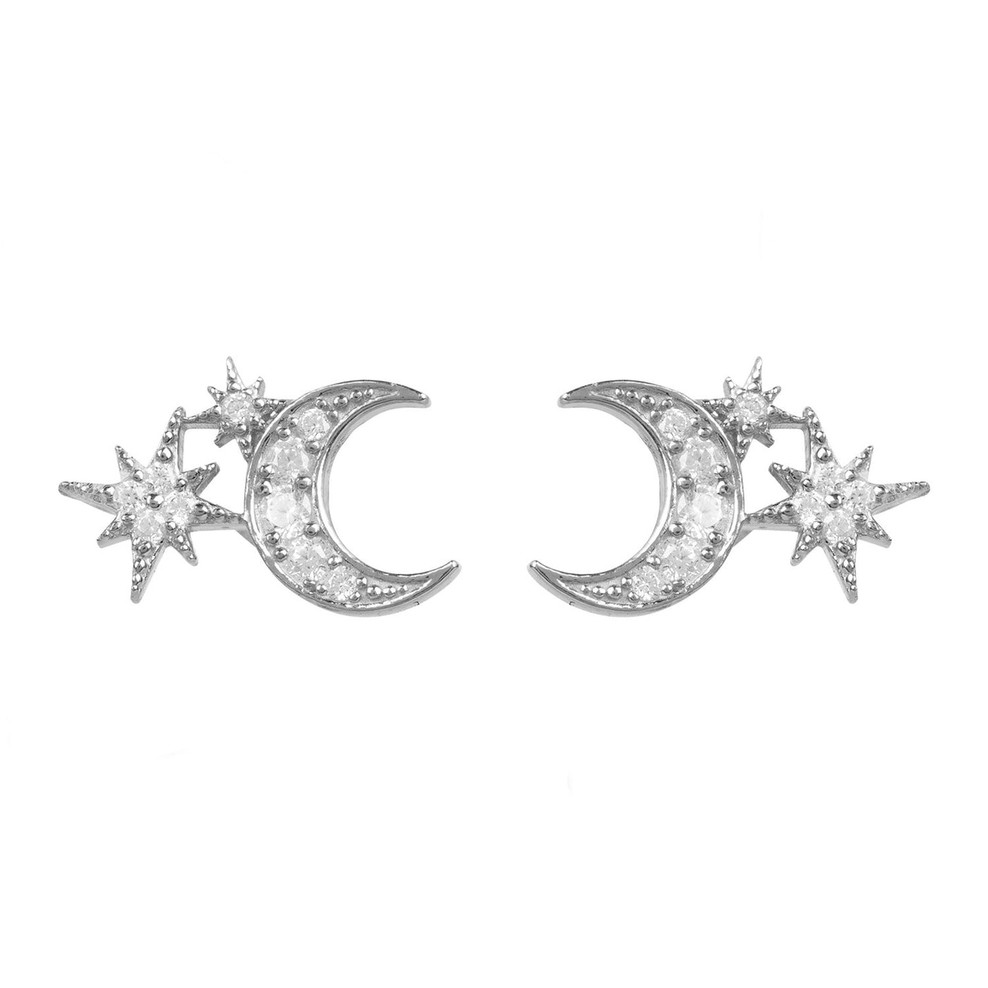 Pendientes de botón - luna y estrellas - plata de ley 925 - circonitas
