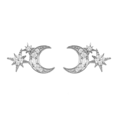 Pendientes de botón - luna y estrellas - plata de ley 925 - circonitas